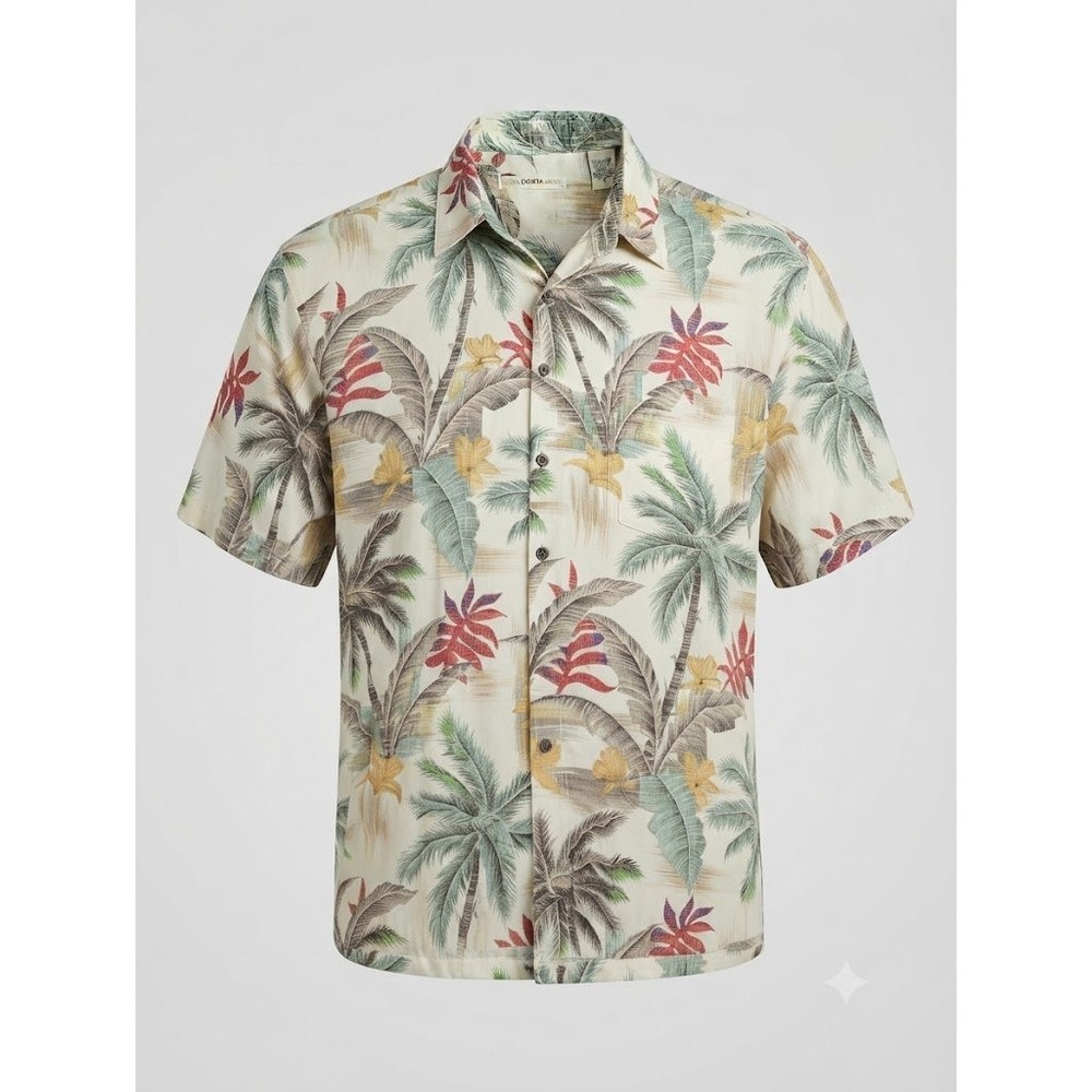 Moda Campia Moda Mens Large Rayon‎ Tropical Palm Tree Hawaiian Shirt Cream L